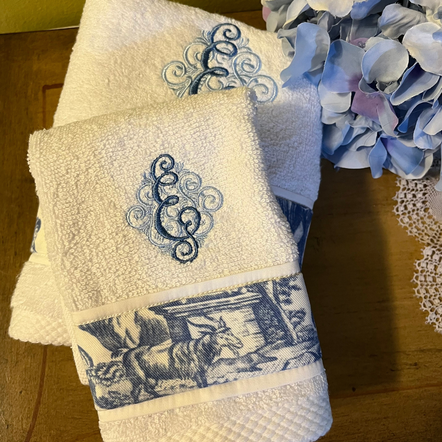 Toile Bath Towel Set Monogrammed Bathroom Decor
