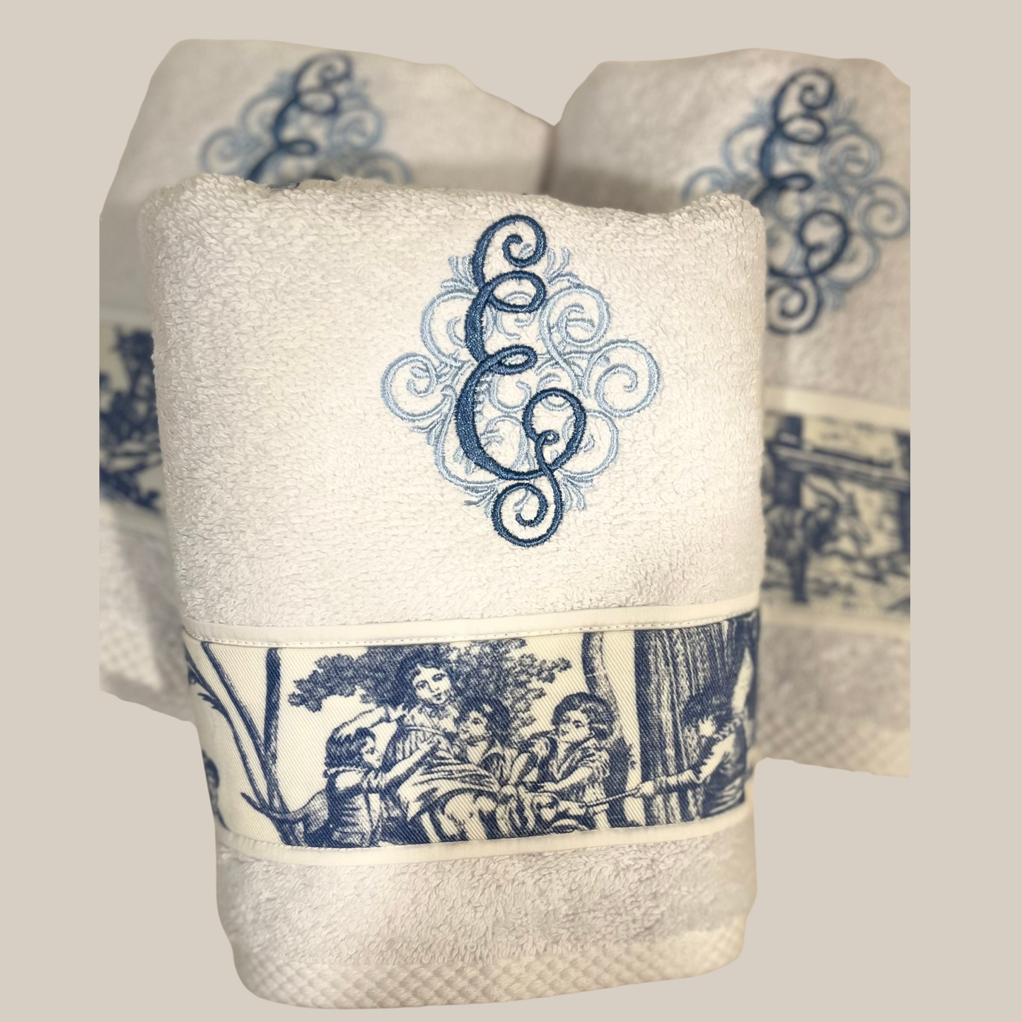 Toile Bath Towel Set Monogrammed Bathroom Decor