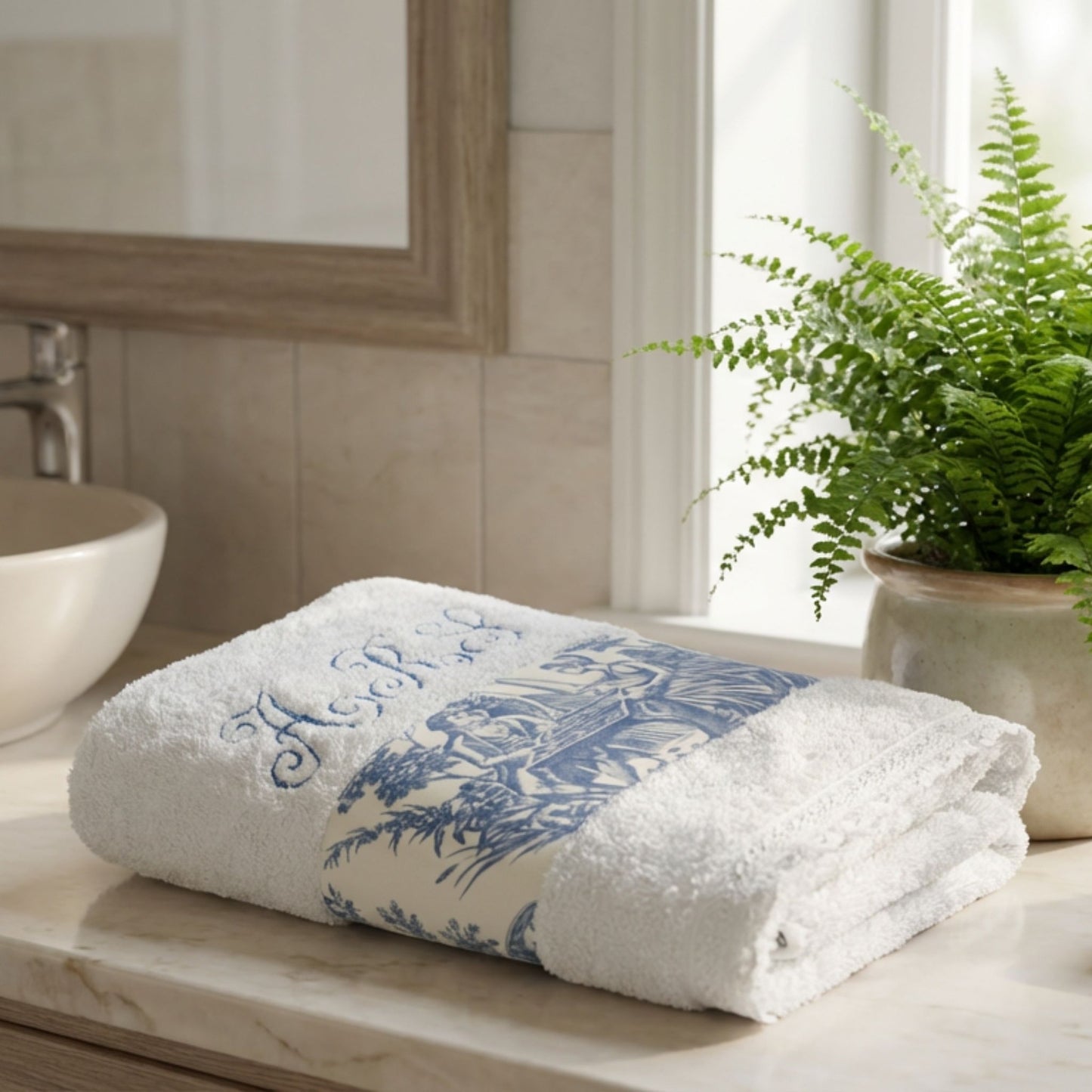 Toile Bath Towel Set Monogrammed - Bathroom Decor
