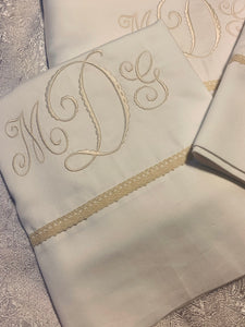 Monogrammed Bed Sheets With Beige Lace Border
