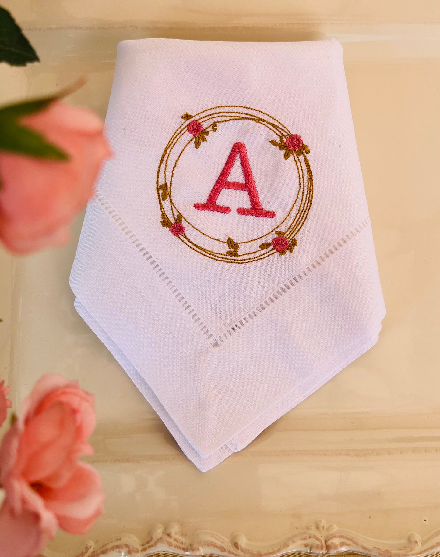 Rose Wreath Monogram Linen Napkin