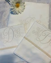 Load image into Gallery viewer, Monogrammed Bed Sheets With Beige Lace Border