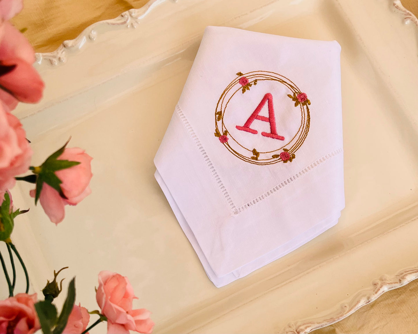 Rose Wreath Monogram Linen Napkin