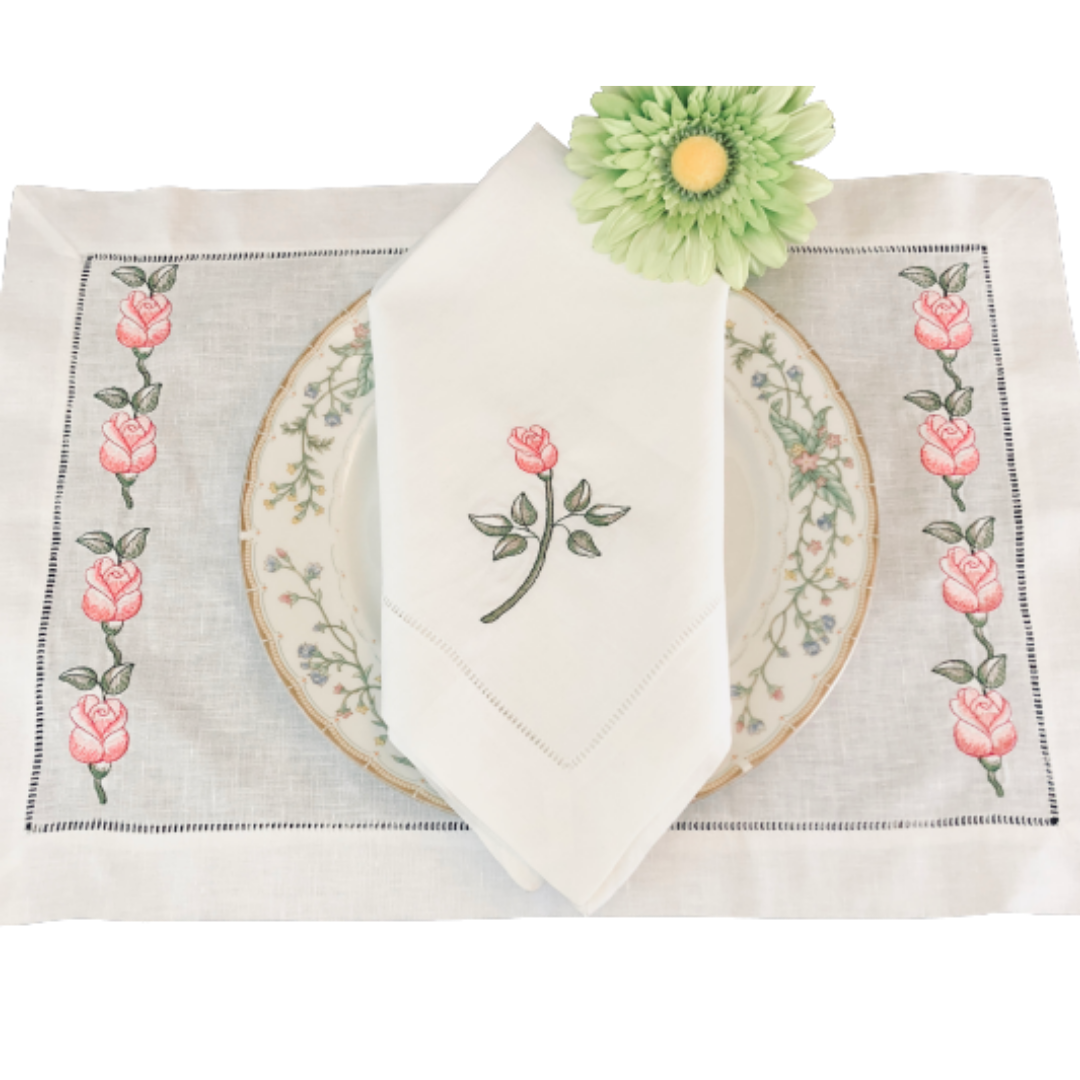 linen napkins embroidered with a rose