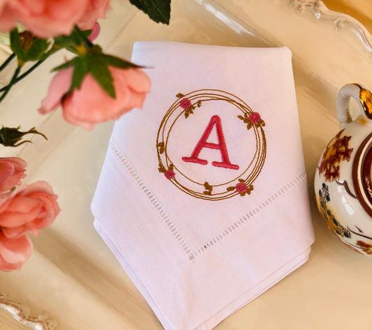 Rose Wreath Monogram Linen Napkin