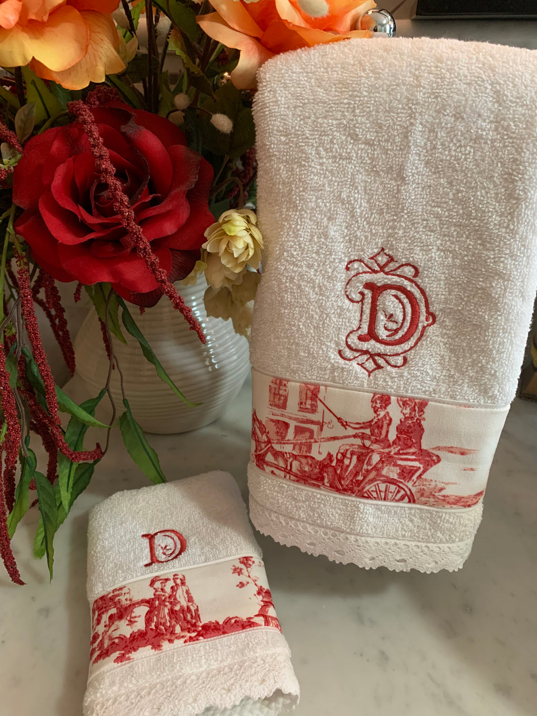 Red Toile Towel Set