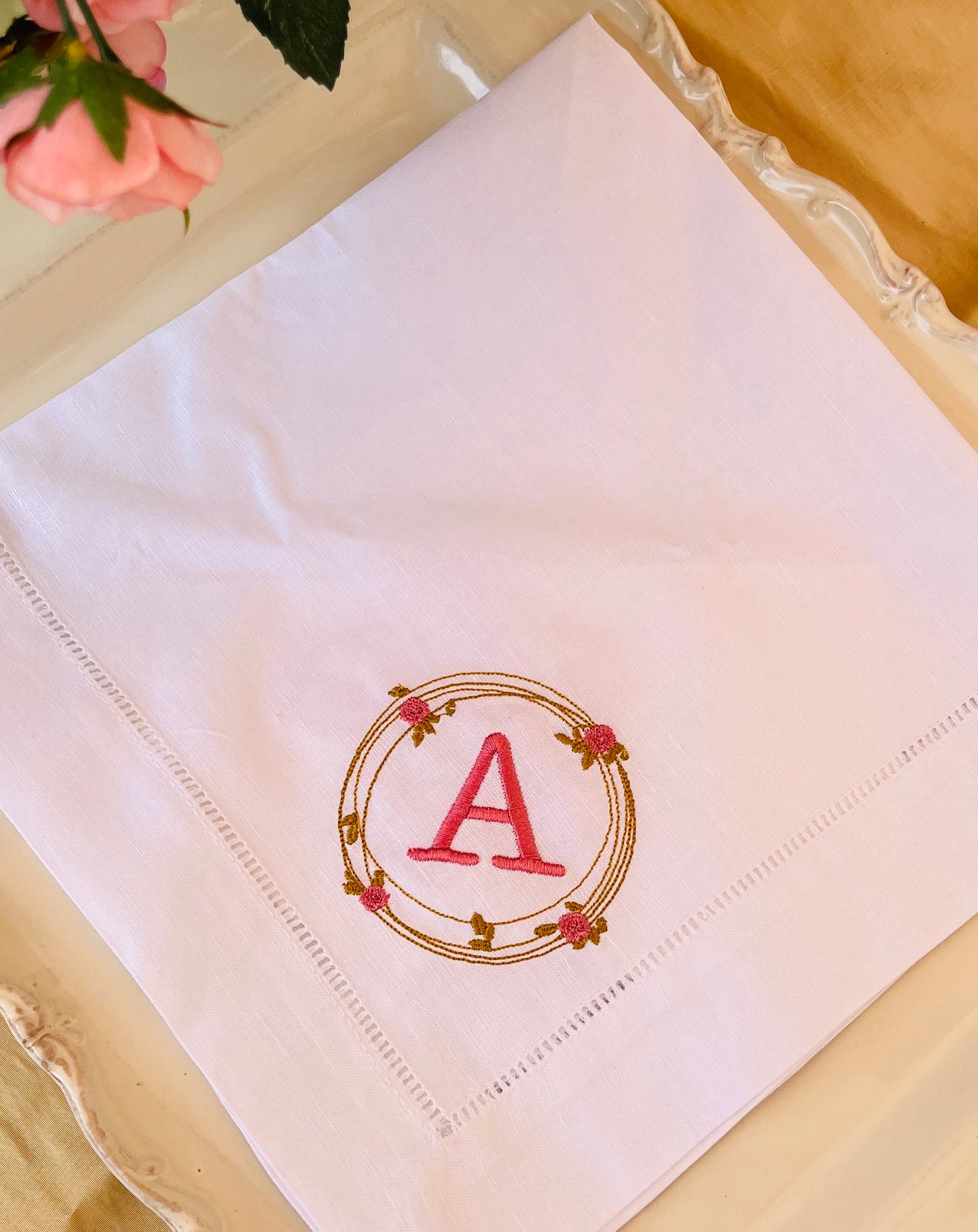 Rose Wreath Monogram Linen Napkin