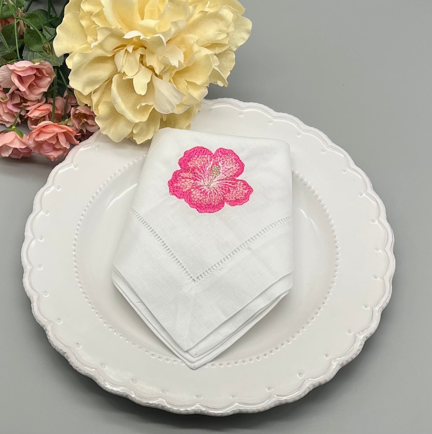 embroidered hibiscus linen napkin