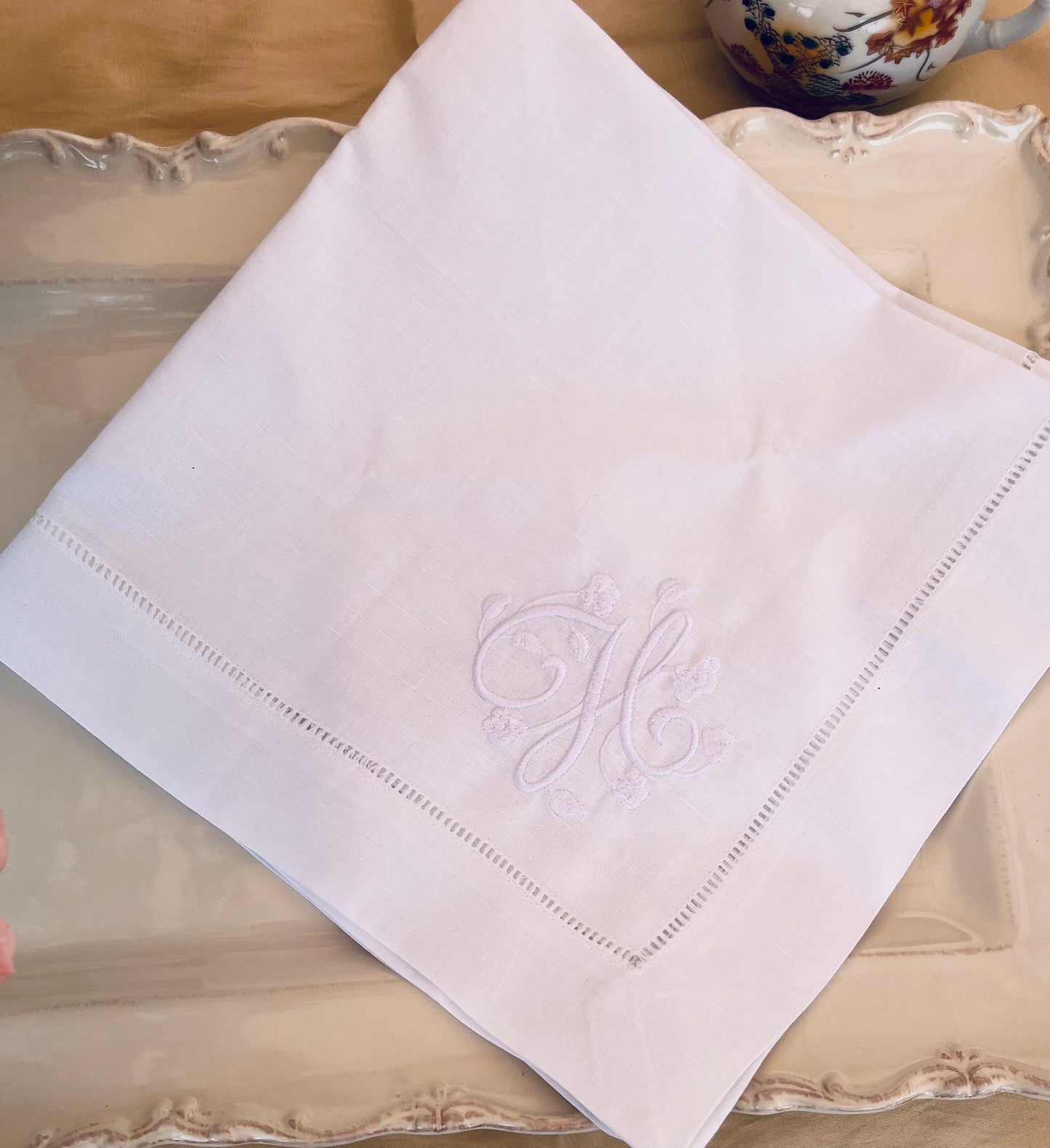 monogrammed hemstitched napkin