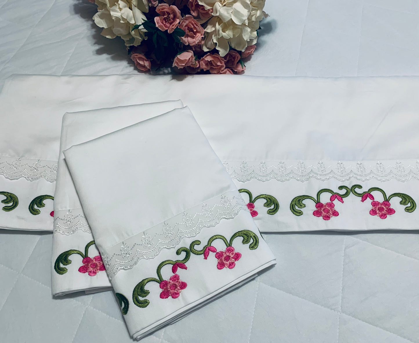 Embroidered Flower Motif Bed Sheets