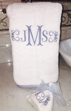 Load image into Gallery viewer, monogram hand towel with blue piping