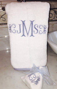 monogram hand towel with blue piping