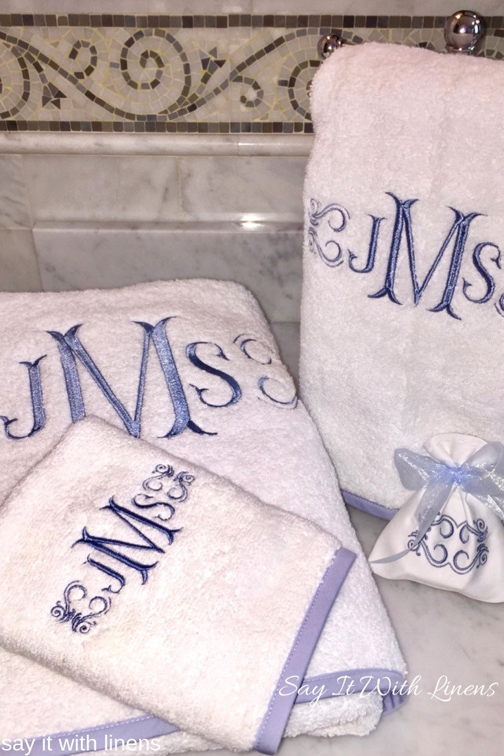 monogram towel set with blue piping