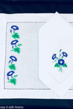 Load image into Gallery viewer, matching placemat and dinner napkin embroidered with morning glory flower desing