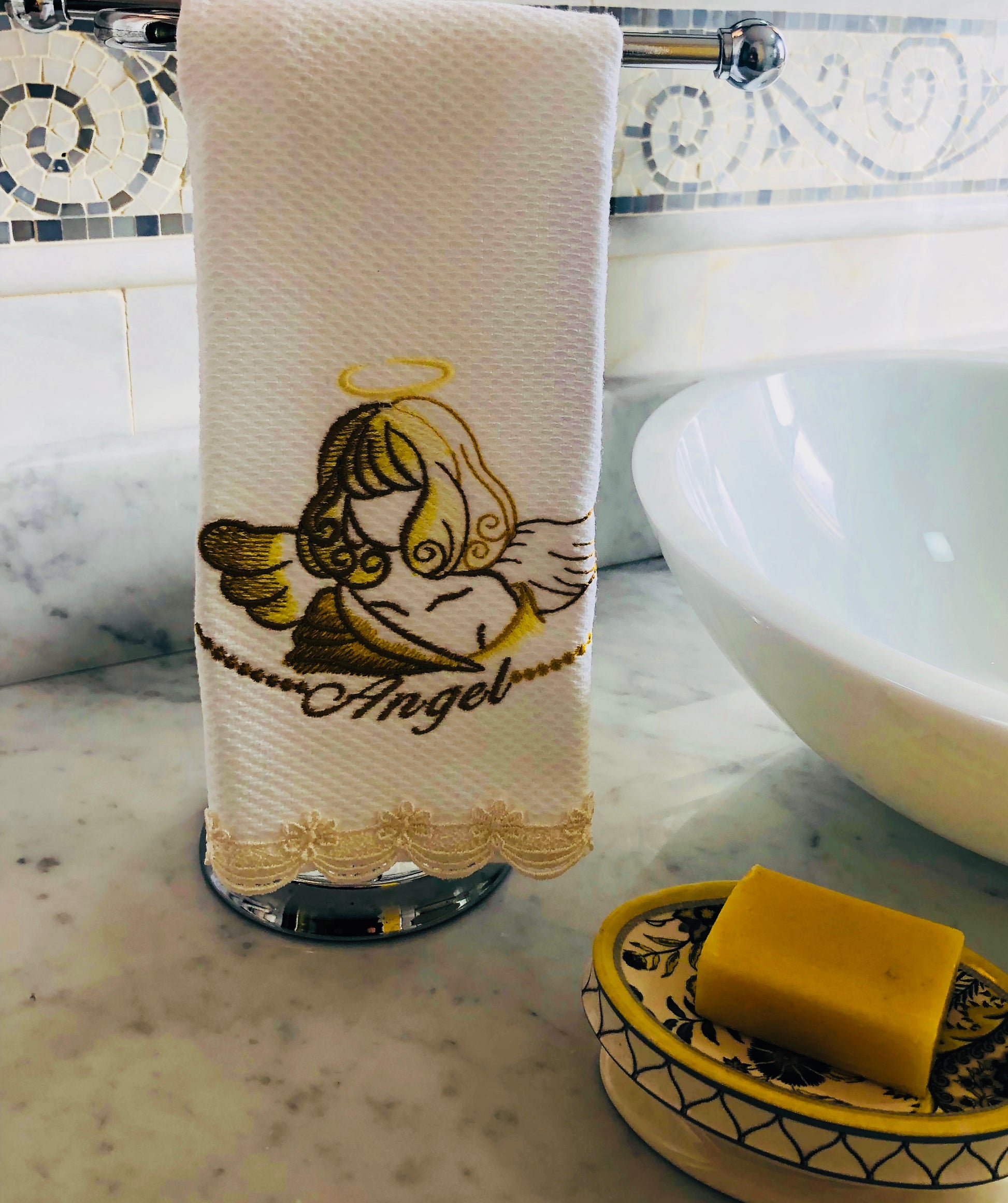 figertip towel embroidered with angels