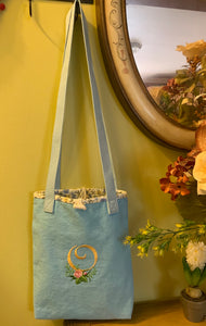 Personalized Blue Canvas Bag With Floral Lining