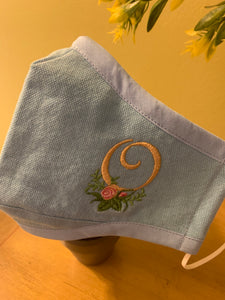 Monogrammed Blue Canvas Face Mask With Floral print reverse