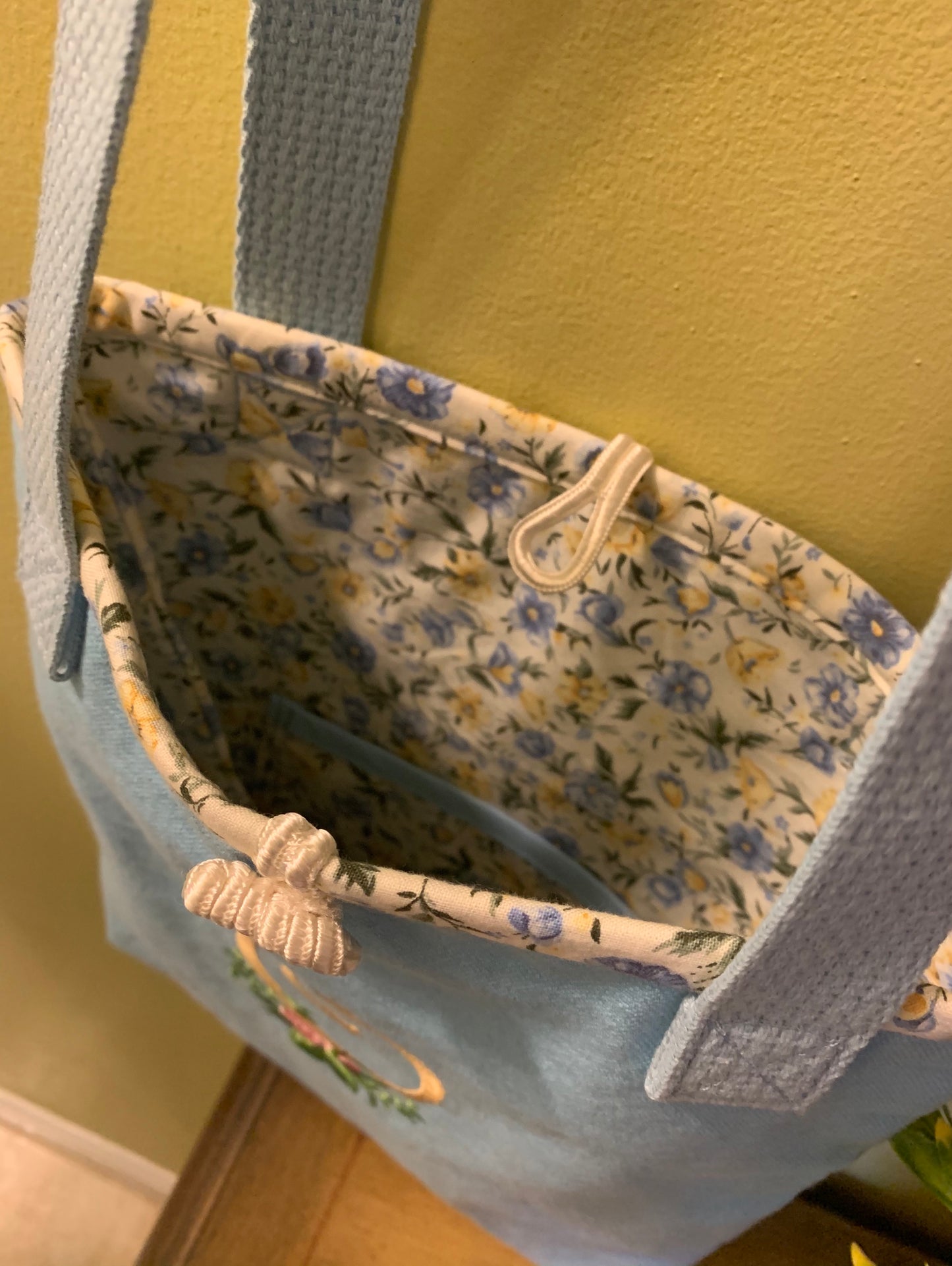 Personalized Blue Canvas Bag With Floral Lining