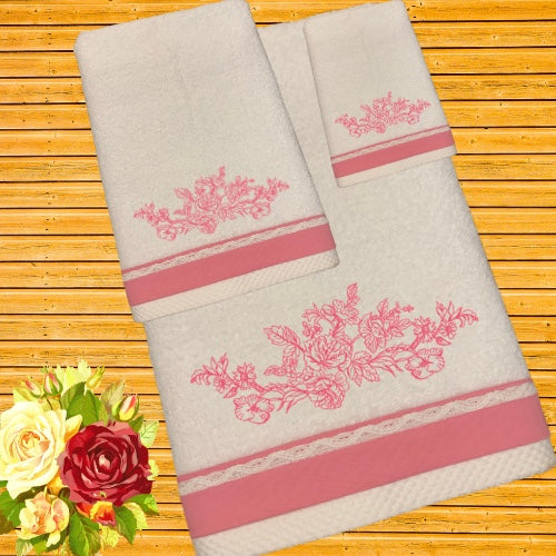 embroidered bath towel set pink