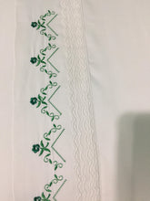 Load image into Gallery viewer, twin flat bed sheet embroidered with a green lace floral design 