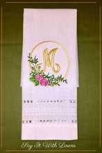 Load image into Gallery viewer, guest towel with delicate drawn-work stitches an monogrammed