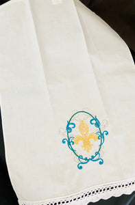 fleur de lis embroidered guest towel with scalloped lace