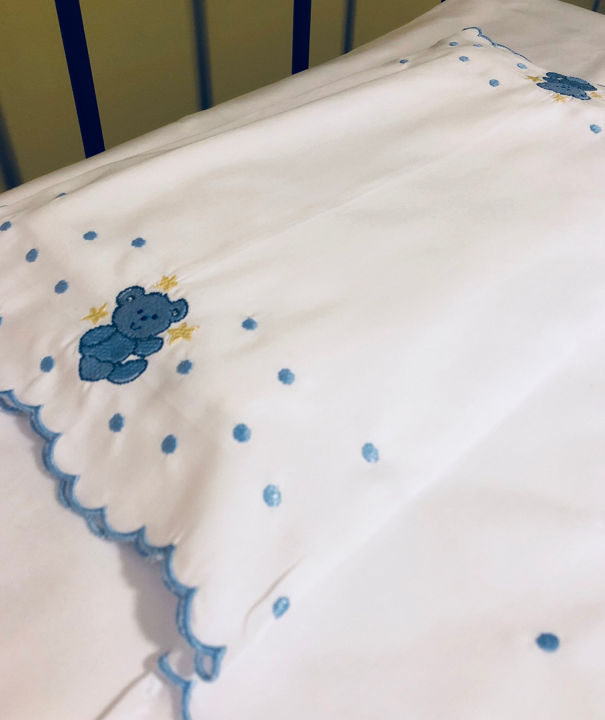 embroidered baby pillow case with bear design and scallop edge