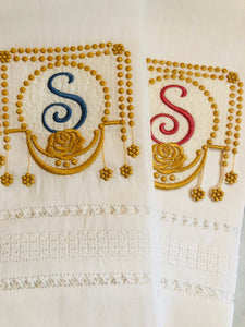 monogrammed linen guest towels with pearls and roses design