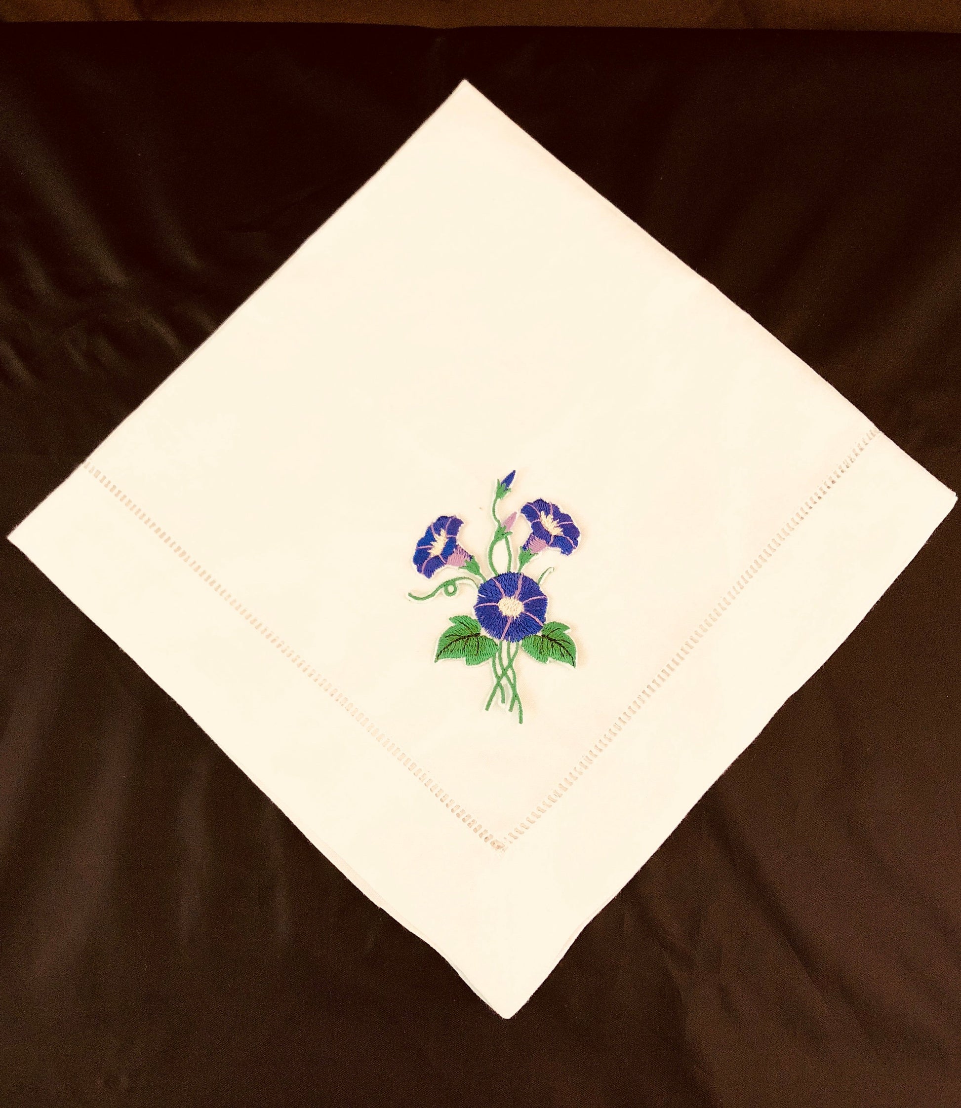 custom embroidered linen dinner napkins with morning glory flower design