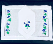 Load image into Gallery viewer, matching placemat and dinner napkins embroidered with morning glory flower desing