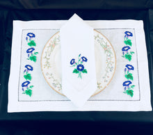 Load image into Gallery viewer, linen placemat and linen dinner napkins embroidered with purple morning glory flower design