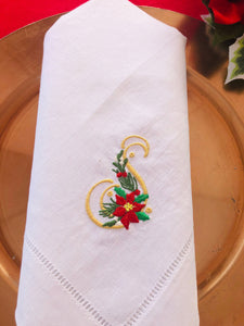 Christmas dinner napkin monogrammed and embroidered with poinsettia design